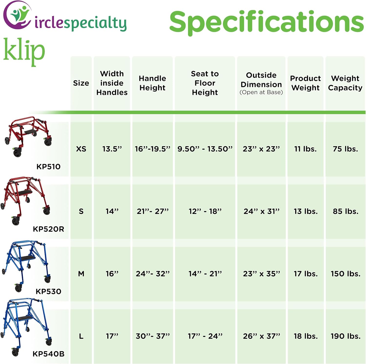 Circle Specialty Klip 4-Wheel With Flip-Up Seat posterior Pediatric Walker - KP510-20-30-40