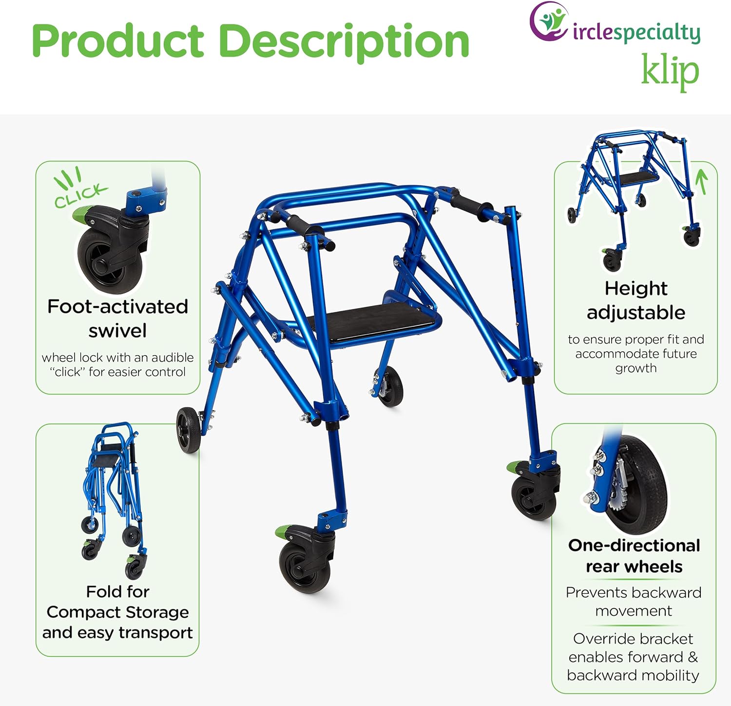 Circle Specialty Klip 4-Wheel With Flip-Up Seat posterior Pediatric Walker - KP510-20-30-40