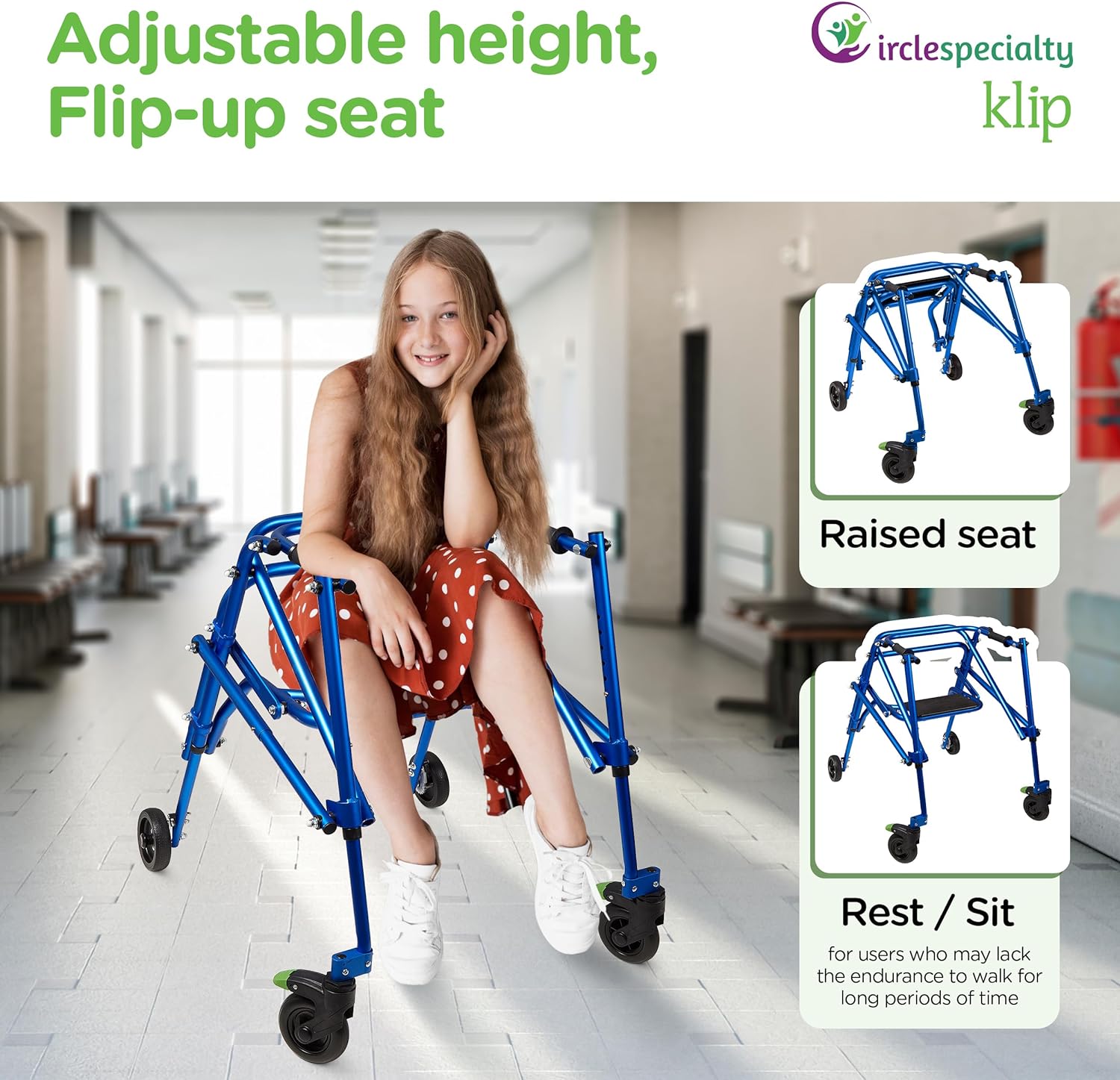 Circle Specialty Klip 4-Wheel With Flip-Up Seat posterior Pediatric Walker - KP510-20-30-40