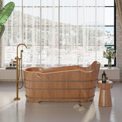 SAUNAONES™ Oak Wood Soaking Bathtub Freestanding Modern Natural Bathtub