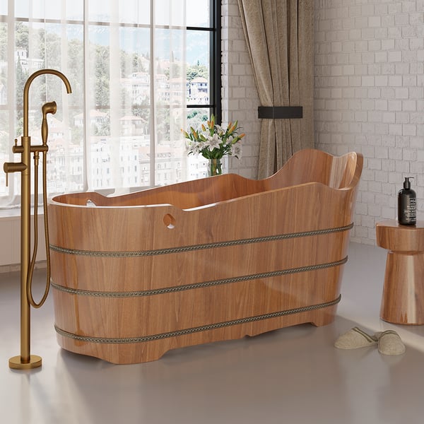 SAUNAONES™ Oak Wood Soaking Bathtub Freestanding Modern Natural Bathtub