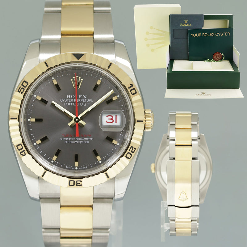 MINT Rolex DateJust 116263 Turn-O-Graph Thunderbird Slate Two Tone Gold Watch Box