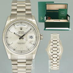 2005 MINT Rolex White Gold 36mm Double Quickset President 118239 Silver Stick Watch